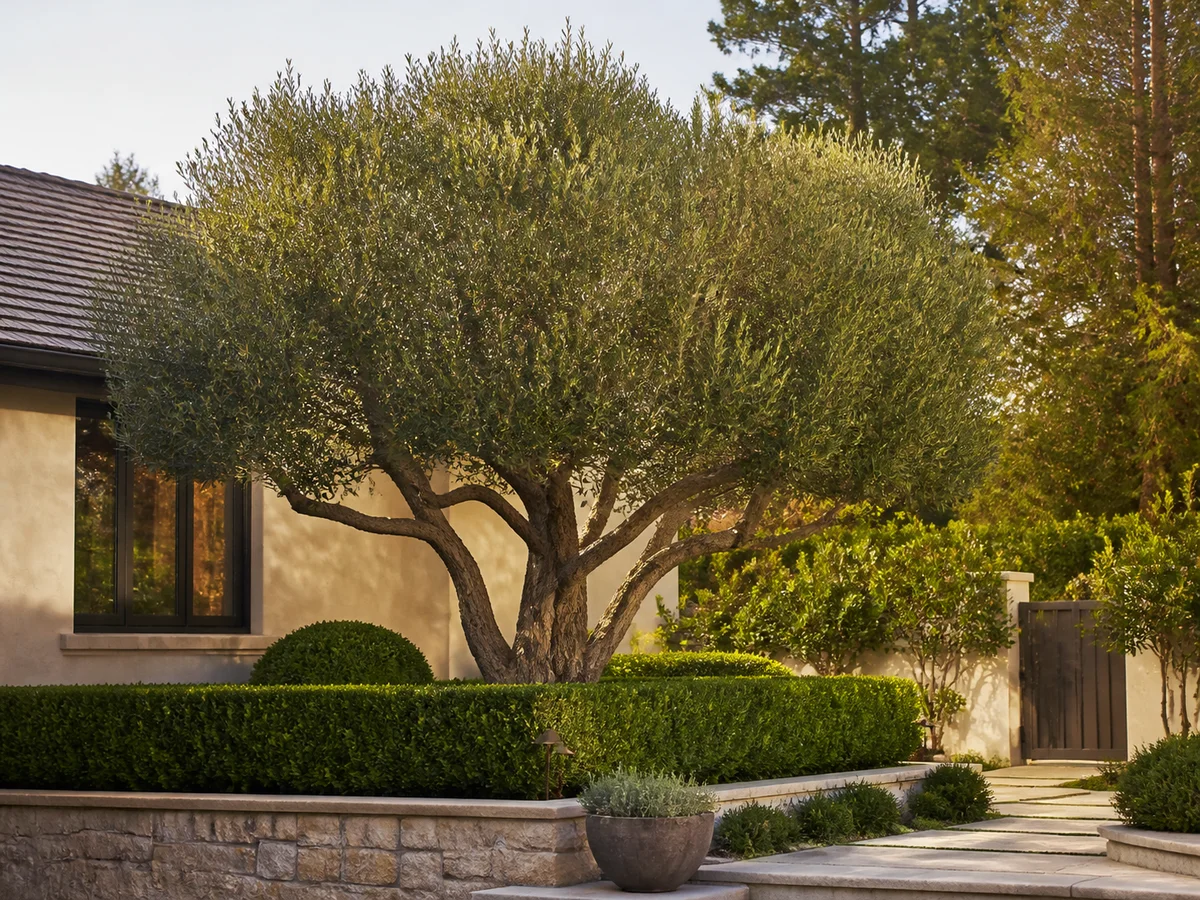 A professionally pruned mature olive tree in a finished garden